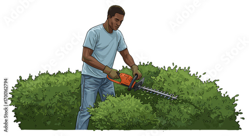 Man Trimming Green Bush With Electric Hedge Trimmer Garden Work Outdoors Hobby Isolated On White Background