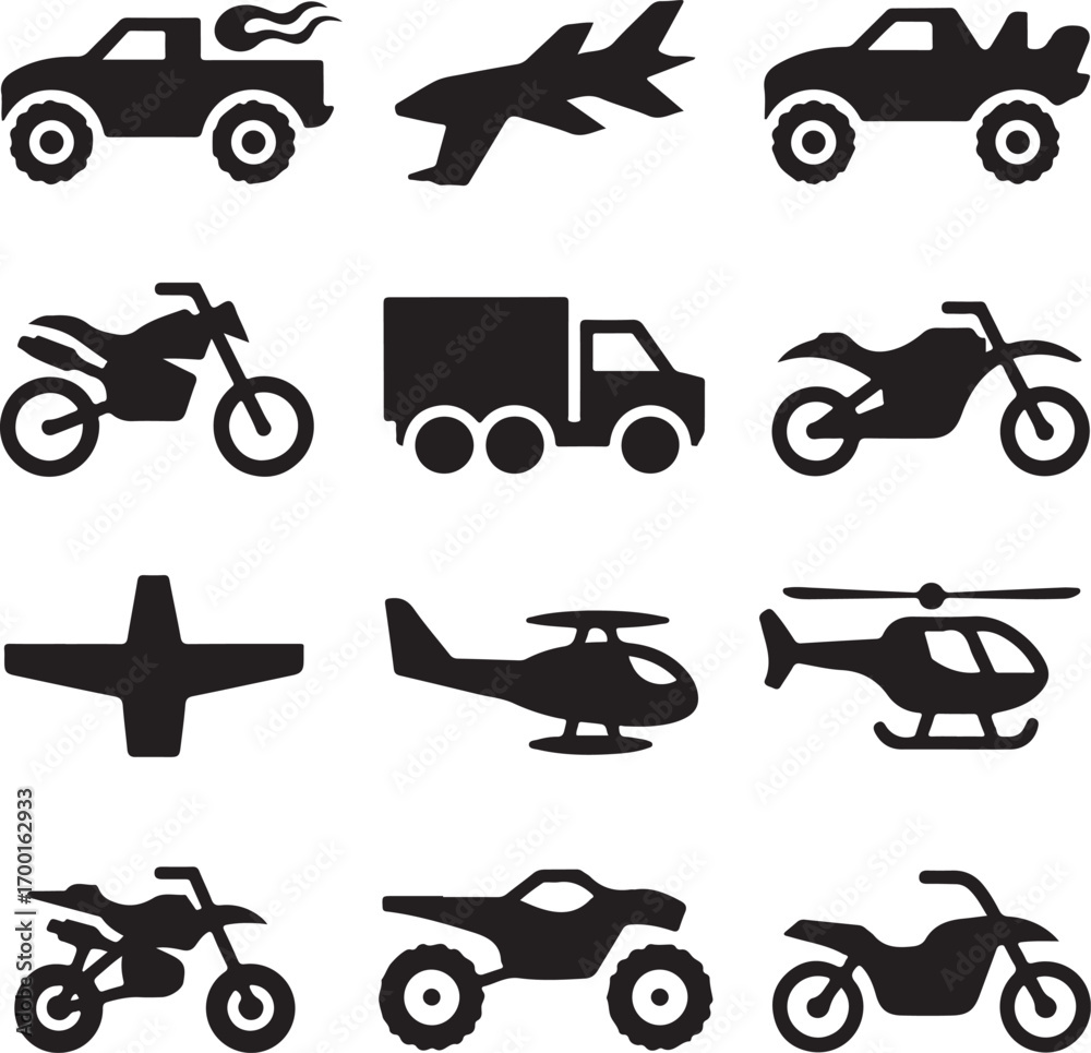 Naklejka premium Transportation Vehicles Silhouette Icons Collection Keywords: car, truck, airplane, jet, motorcycle