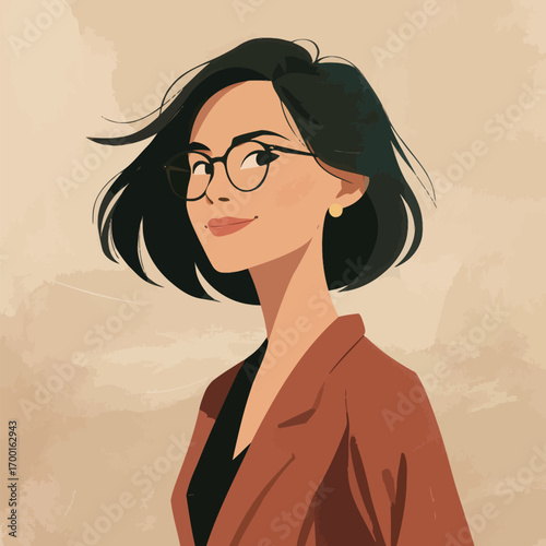 A confident woman with short black hair wears glasses and a casual outfit, smiling warmly. The soft background adds depth to her cheerful expression.