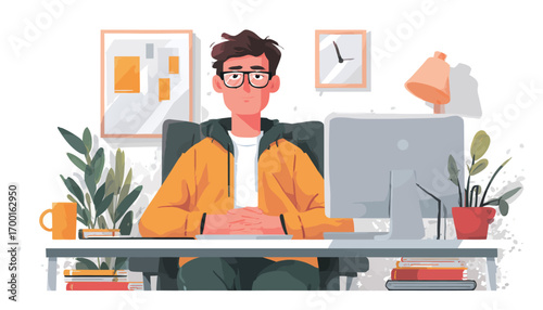 A young man sits at a modern desk, wearing glasses and a yellow jacket, with plants and books around him. He appears focused and engaged in his work.