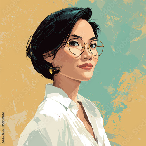 A young woman with short black hair and stylish glasses poses confidently, showcasing a modern and vibrant look against a bold yellow and green backdrop.