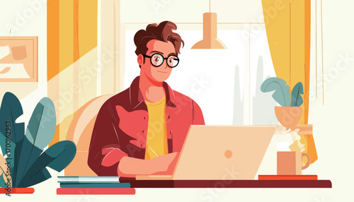 A young man with glasses sits at a desk in a sunlit room, focused on his laptop. Houseplants and cozy decor create a welcoming atmosphere.