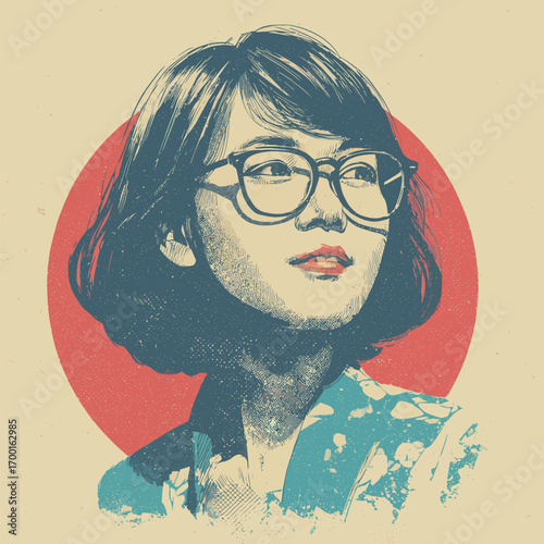 A young woman with short, dark hair and glasses gazes thoughtfully. She wears a colorful outfit that contrasts with the bold red circle behind her, creating an artistic vibe.