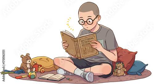 Young Boy Wearing Glasses Reading a Book Surrounded by Stuffed Animals and Toys Isolated on White Background