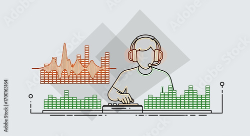 DJ mixing music with audio spectrum illustration showing audio editing mixing concepts