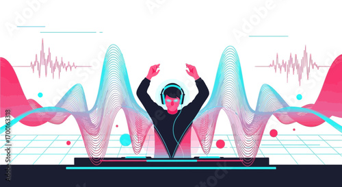 DJ performing electronic music with soundwaves and lights creating a vibrant atmosphere perfect