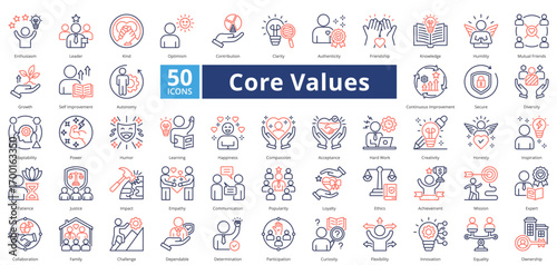 Core Values dual tone style contains 50 icons including knowledge, humility, mutual friends, growth, self improvement, autonomy, continuous improvement simple vector 