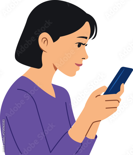 illustration of a young woman using mobile phone flat vector