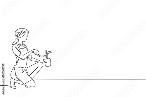 Woman kneels planting seedling in pot in continuous line draw style, showcasing nature concept, outdoor health activity, and recognition of eco-friendly lifestyle for National Gardening Exercise Day