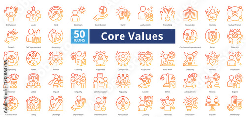 Core Values outline gradient style contains 50 icons including innovation, equality, ownership, secure, diversity, honesty, inspiration, flexibility simple vector 