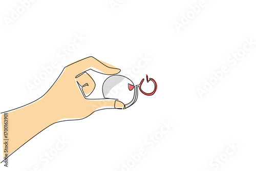 A hand holds red reset button in continuous line drawing style, symbolizing technology concept, personal control, restart, and celebrating empowerment of new beginnings for National Start Over Day.