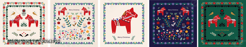 Christmas traditioanal vintage design with red Scaninavian horse. Christmas greeting cards. Christmas illustration in Scandinavian style with traditional Christmas elements