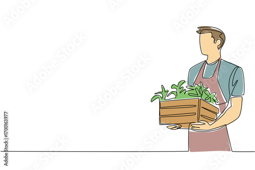 Continuous line drawing of a young man in apron holding a crate filled with leafy plants, reflecting health and nature concept for National Gardening Exercise Day celebration worldwide.