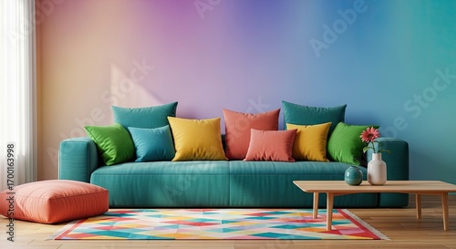 Interior view of a living room with a turquoise sofa, colorful pillows, a rug, and a small table against a gradient wall.