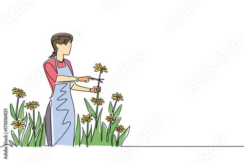 Continuous line drawing of a woman gardener in apron trimming yellow flowers in bloom, symbolizing natural lifestyle and health concept during National Gardening Exercise Day observance.