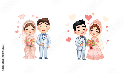 A happy cartoon family with two kids and a baby smiles together, while a woman in a wedding dress smiles alongside a boy