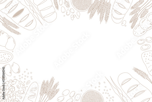 A white background with bread wheat and seeds arranged around the edges creating a frame effect design