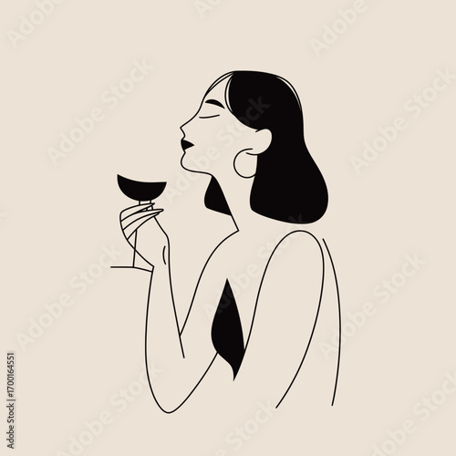 A woman with shoulder-length hair elegantly holds a cocktail glass, serenely immersed in the ambiance of a stylish environment, showcasing sophistication and relaxation.