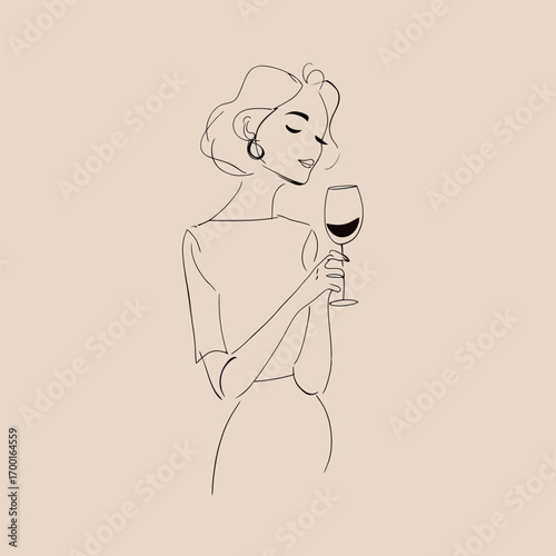A graceful woman holds a glass of red wine, exuding elegance and confidence. The minimalist style highlights her poise, capturing a moment of leisure and appreciation.