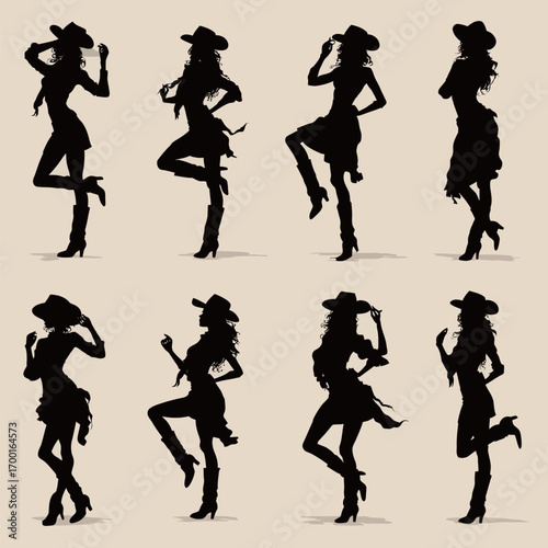 Silhouettes of women in cowboy hats and stylish attire striking various dance poses on a neutral background reveal movement and grace.