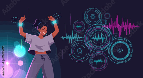 Energetic young woman dancing with joy to music beats and sound waves illustration
