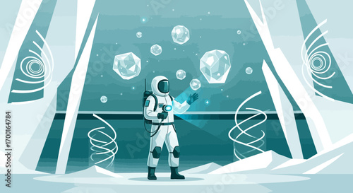 Futuristic Exploration: Astronaut Interacting with Floating Crystals in an Alien Landscape