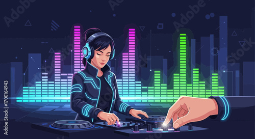 Female DJ mixing music with turntables at a party with vibrant colorful sound equalizer background