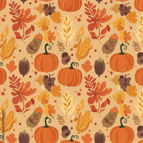 Autumn harvest seamless pattern with pumpkins, corn and leaves illustration, patern seamless, Stock royalty free.