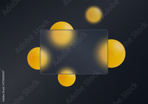 Modern dark glassmorphism background featuring floating yellow spheres and a transparent panel, for web banners and landing pages.