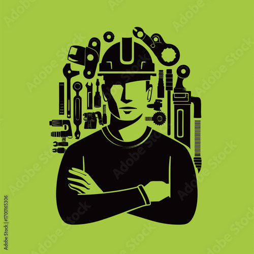 A silhouette of a technician stands confidently with arms crossed, surrounded by various tools on a bright green backdrop, representing skills and craftsmanship in the trade.