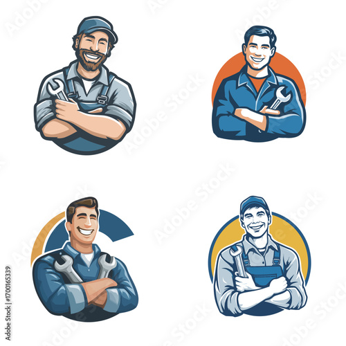 Four smiling technicians, each holding wrenches, are portrayed in colorful circular backgrounds. Their expressions convey confidence and expertise in their craft.