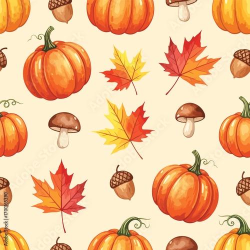 Autumn seamless pattern with pumpkins, maple leaves, acorns, and mushrooms illustration, seamless pattern, royalty free stock.