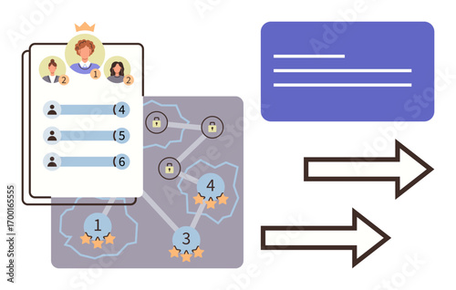Leaderboard ranking panel, map with stars and lock icons, directional arrows. Ideal for teamwork, competition, education, navigation, progress tracking gamification productivity. Simple flat