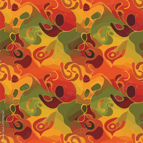 Autumnal abstract pattern with warm colors and swirling shapes seamless design, seamless pattern, Stock royalty free image.