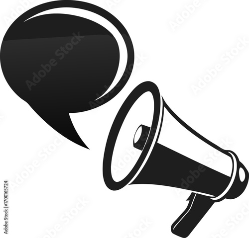 Megaphone with speech bubble  silhouette  vector black , white background