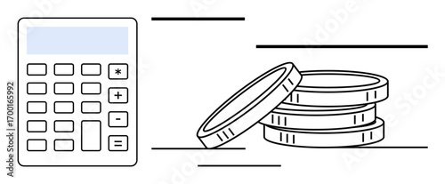 Calculator next to stacked coins signifying financial planning, savings, or profit analysis. Ideal for finance, budgeting, accounting, investment, economic strategies, cost management simple flat