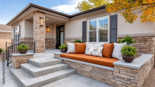 Luxurious stamped concrete patio with elegant outdoor seating for relaxation and entertaining in a modern home environment