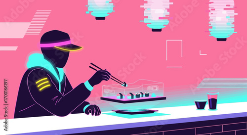Futuristic sushi experience, enjoying japanese cuisine in a vibrant neon cityscape