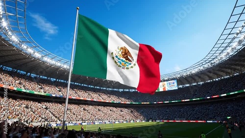 Roaring crowd cheers Mexico at stadium as flag waves proudly in the wind under sunny blue skies
