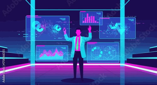 Futuristic data analysis: Scientist interacts with holographic data displays in bright environment