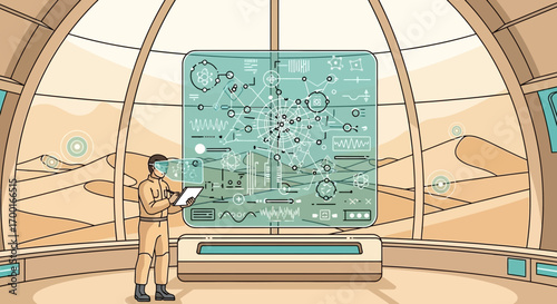 Futuristic desert base engineer analyzing data with holographic display technology, inside