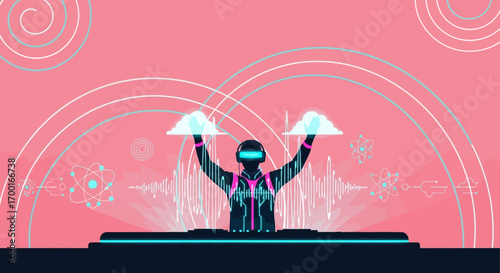 Futuristic DJ performing with virtual clouds and scientific elements illustration