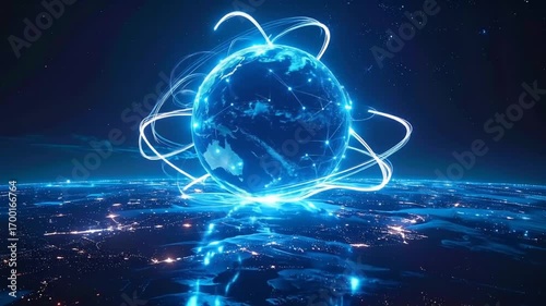 Global Network Connection: Digital Earth with Data Streams and City Lights