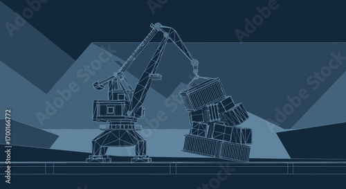 Geometric harbor crane lifting shipping containers in line drawing style illustration
