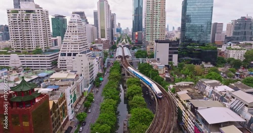 Aerial View of Bangkok City Showcasing Skyscrapers and Train on Elevated Tracks Amidst Urban Greenery and Bustling Landscape