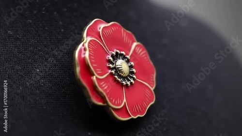 Close-up of a red poppy pin on black fabric with a solemn and respectful mood as a Remembrance Day symbol with copy space