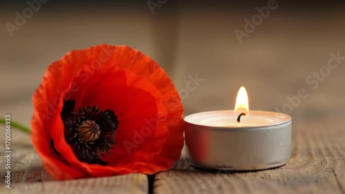 Burning candle next to a red poppy flower on a wooden table with a solemn and reflective mood for Remembrance Day tribute with copy space