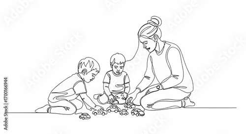 A mother and her two young children are playing with toys on the floor, creating a scene of family bonding and childhood joy.