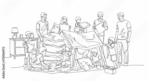 Family building a pillow fort together in their living room.