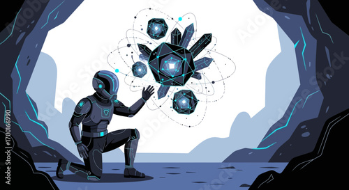 Futuristic exploration: Astronaut interacting with alien artifacts in a cave setting